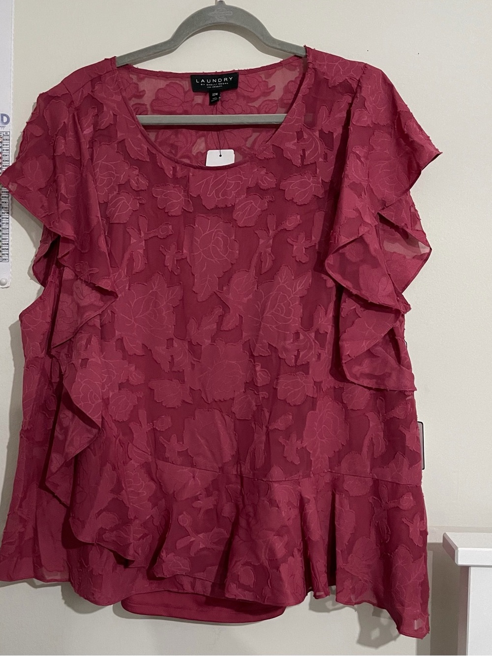 Laundry By Shelli Segal Rose Ruffle Sleeve Sheer Floral Blouse Size 22W